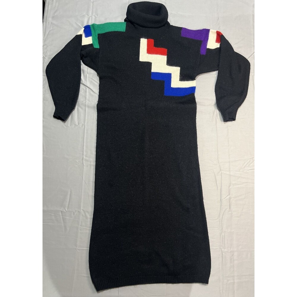 Vintage John Richard Sweater Dress Size M Geometric Pattern Padded Shoulders